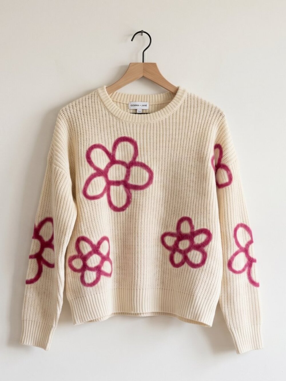 Gemma + Jane Ivory Red Flower Embroidered Chunky Knit Sweater M